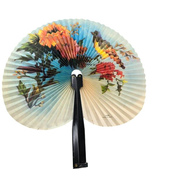 Vintage Asian Paper & Bamboo Hand Fans Set With Bird & Floral Designs je186 - Picture 8 of 12